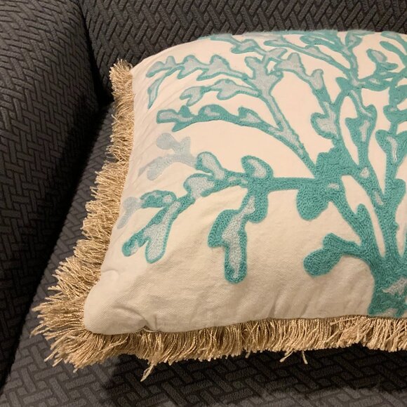 Decorative Fringe Square Pillow with Sea Coral Reef Design 100% Cotton - Picture 7 of 9